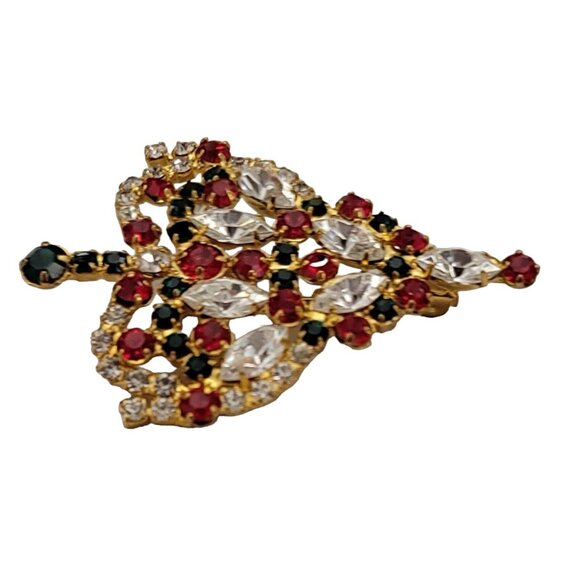 Gold Tone Red Green Clear Prong Set Rhinestone Christmas Tree Brooch Pin K582 - Picture 3 of 7